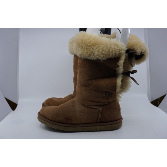 UGG Australia Bailey Bow Tall Triple Chestnut Suede Fur Boots Womens Sz 10 Read - Picture 4 of 8